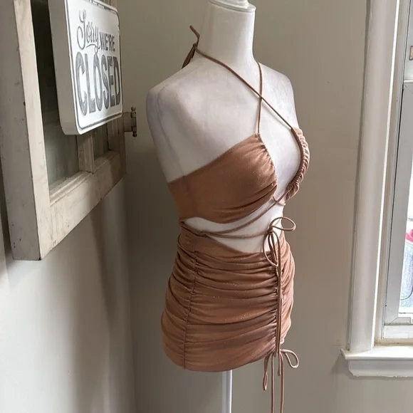 dress gold long Metallic Bead Mesh A-line Long Dress w/ Waist Band and Long Drape – Glow &  Style main image 0
